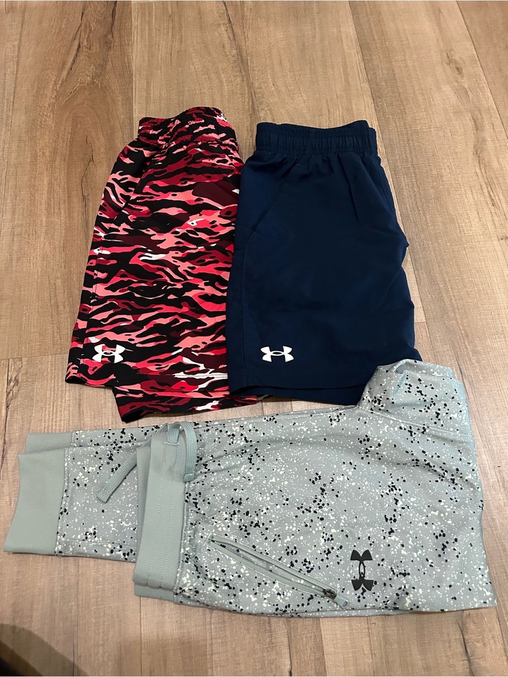 Under Armour Kids Navy Shorts, Red Camo Shorts & Gray Speckled Joggers
